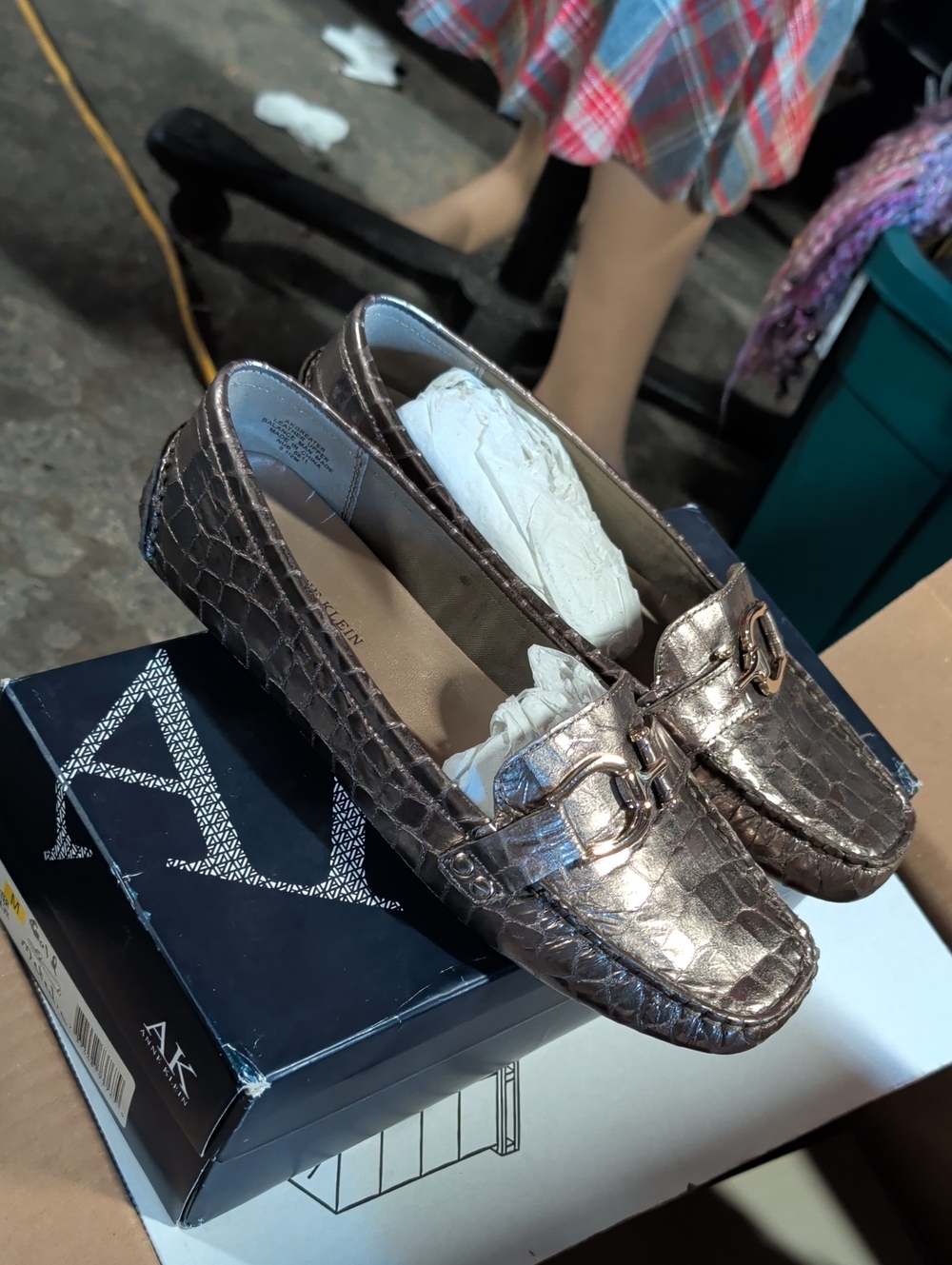 Anne Klein Metallic Dark Silver Croc-Embossed Loafers with Gold Buckle